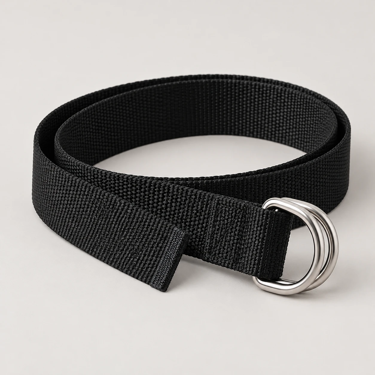 Black Lane D-Ring belt with polyester webbing, 30mm width, silver metal double D-ring buckle, heat sealed straight end