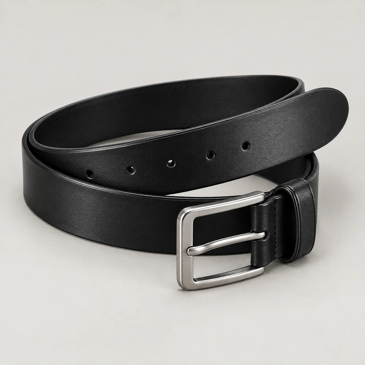 Black Curve Leather belt with smooth cowhide leather, 32mm width, zinc alloy pin buckle, rounded tail, painted edges, five holes