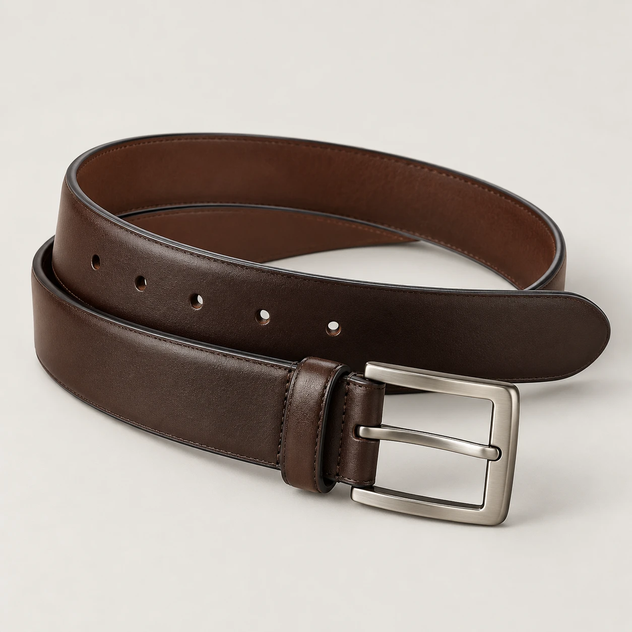 Espresso Stride Leather belt with smooth cowhide leather, 32mm width, zinc alloy pin buckle, rounded tail, painted edges, five holes