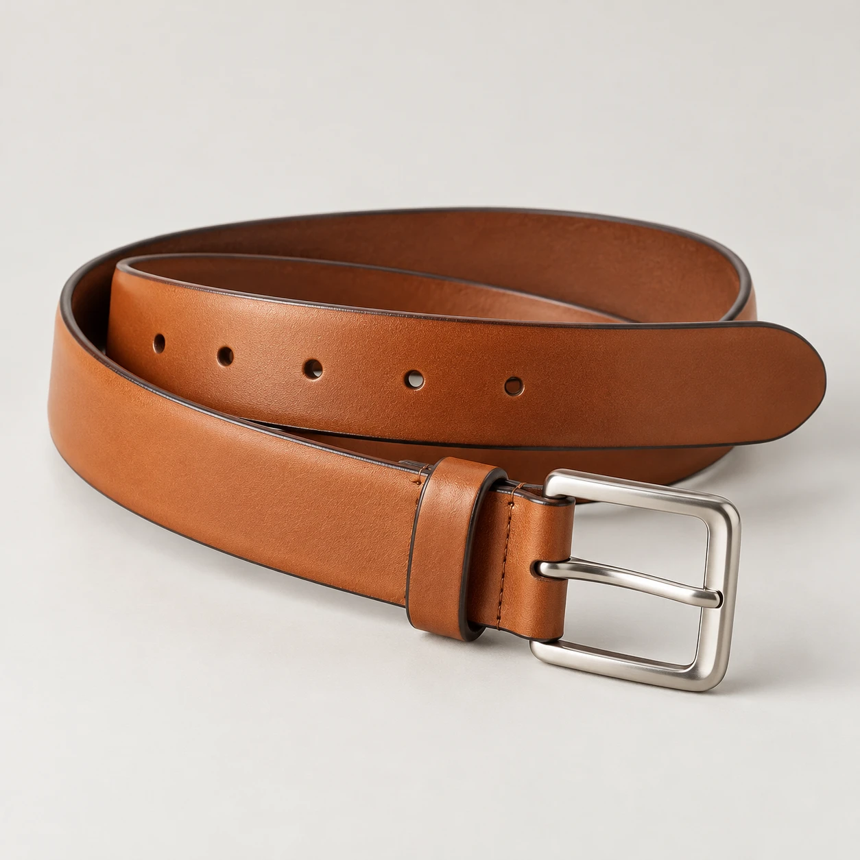 Tan Rise Leather belt with smooth cowhide leather, 32mm width, zinc alloy pin buckle, rounded tail, painted edges, five holes