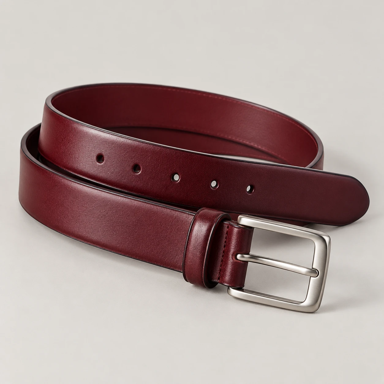 Burgundy Flow Leather belt with smooth cowhide leather, 32mm width, zinc alloy pin buckle, rounded tail, painted edges, five holes