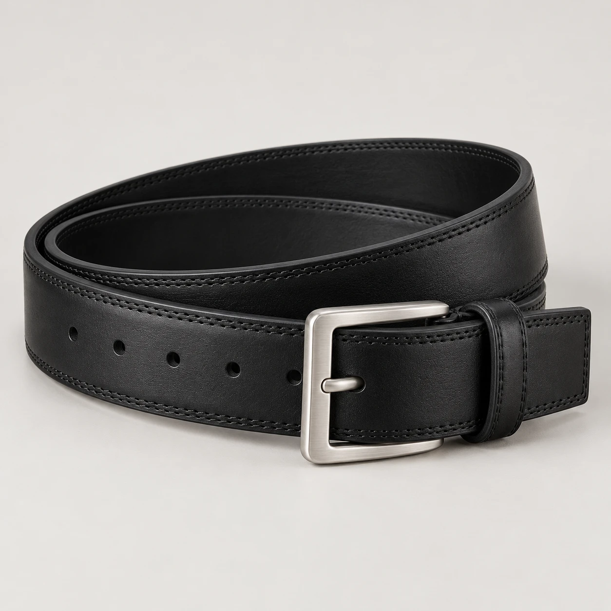 Black Apex Wide belt with cowhide leather, 38mm width, brushed stainless steel pin buckle, squared tail, double stitched edges, five holes