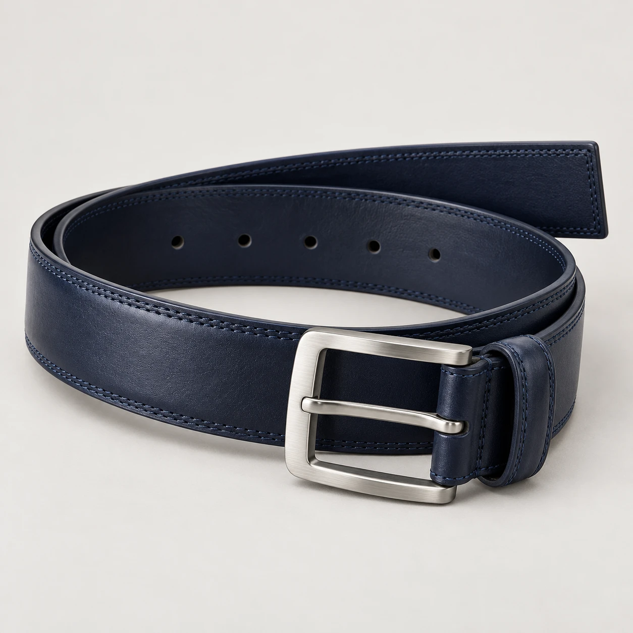 Navy Summit Wide belt with cowhide leather, 38mm width, brushed stainless steel pin buckle, squared tail, double stitched edges, five holes