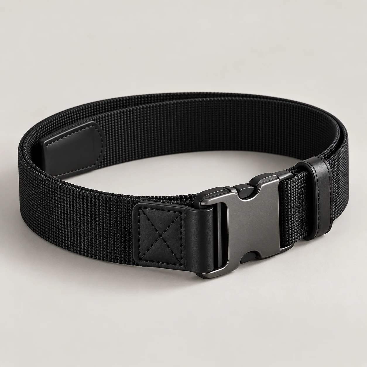 Black / Black Wave Hybrid belt with nylon webbing body with cowhide leather end pieces, 35mm width, zinc alloy side release clip buckle, leather keeper