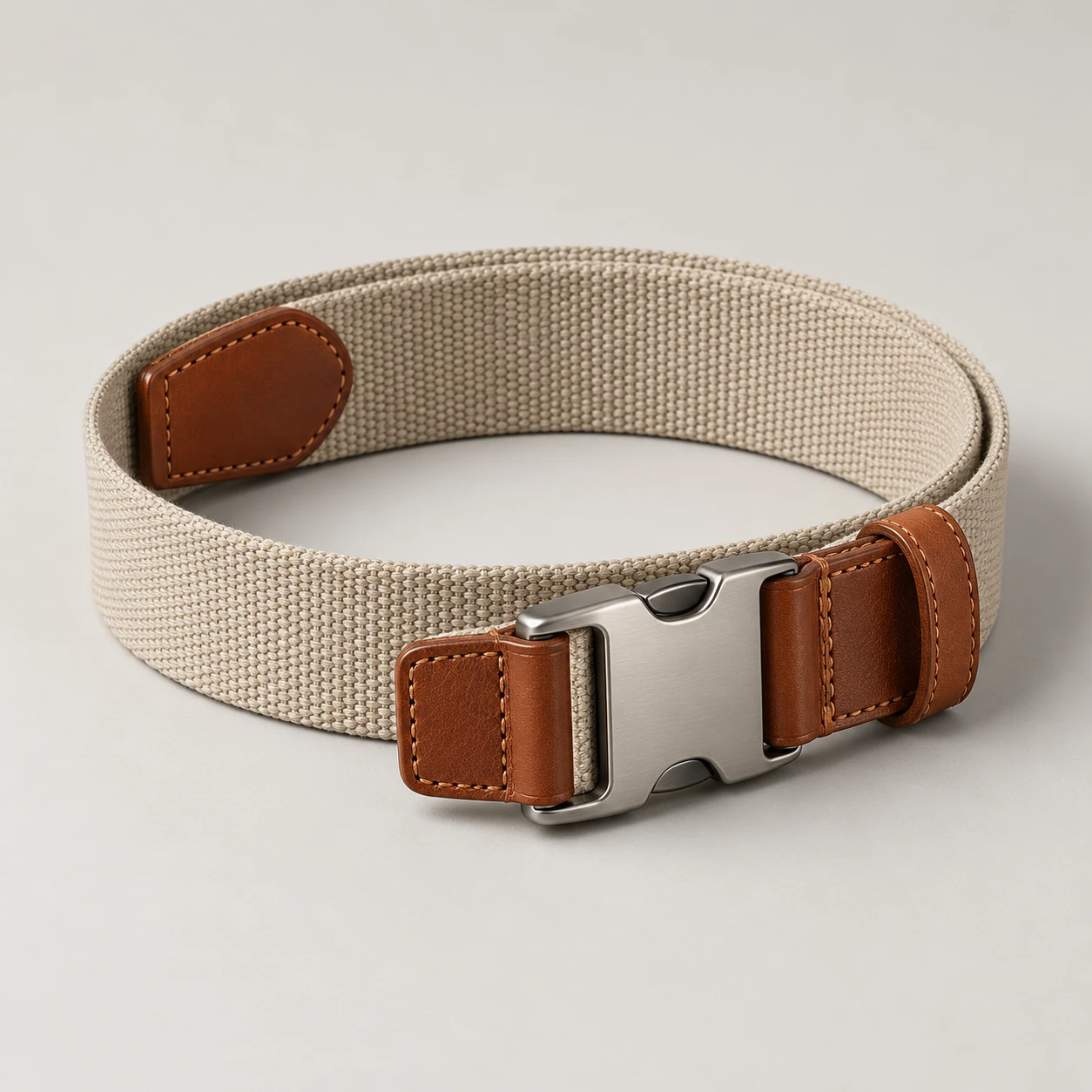 Chalk / Tan Pivot Hybrid belt with nylon webbing body with cowhide leather end pieces, 35mm width, zinc alloy side release clip buckle, leather keeper