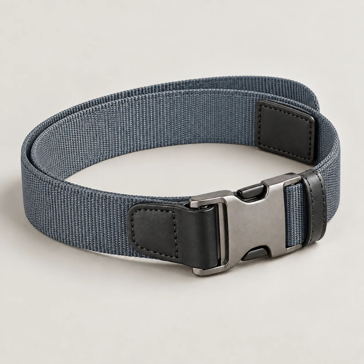 Slate / Black Drift Hybrid belt with nylon webbing body with cowhide leather end pieces, 35mm width, zinc alloy side release clip buckle, leather keeper