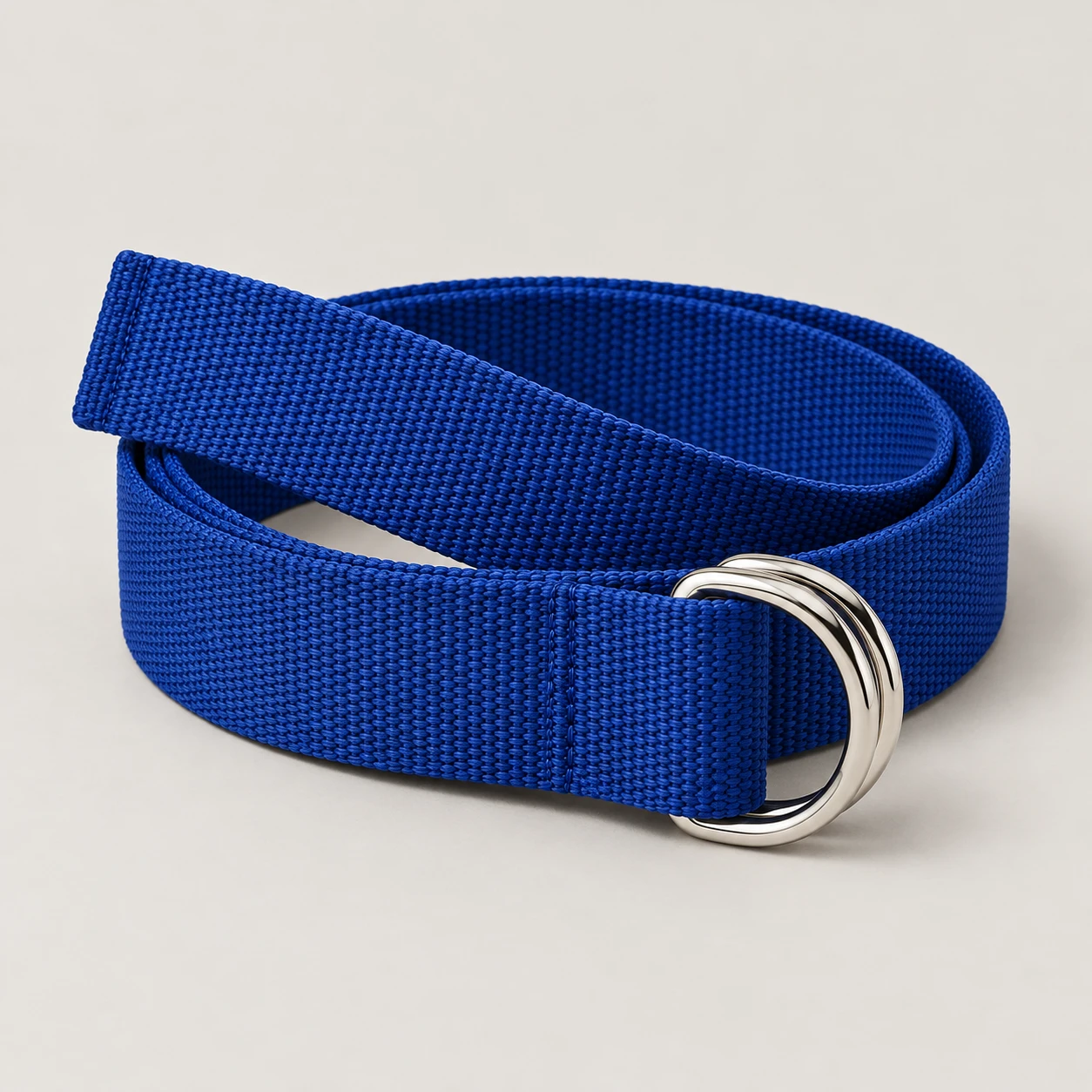 Cobalt Rally D-Ring belt with polyester webbing, 30mm width, silver metal double D-ring buckle, heat sealed straight end