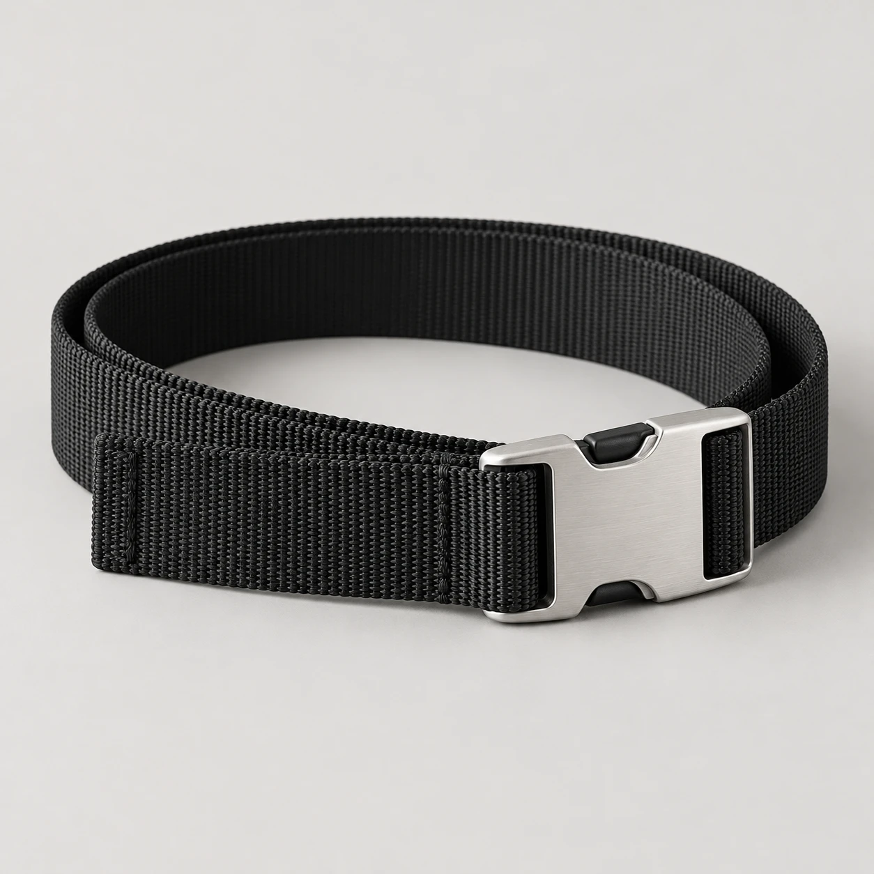 Black Shift Clip belt with nylon webbing, 32mm width, brushed aluminum side release clip buckle, sewn straight tail